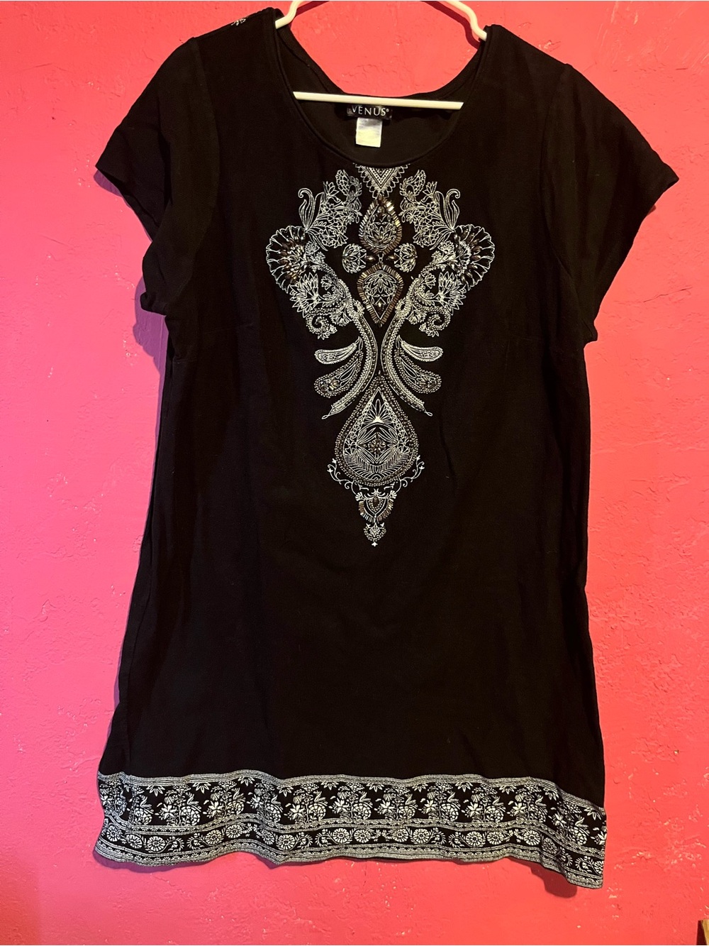VENUS Black Short Sleeve Embroidered Tunic with Silver Accents